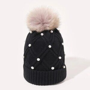 2/$30 Black Stylish Knit Beanie with Faux Fur Pom-Pom & Pearl Embellishments